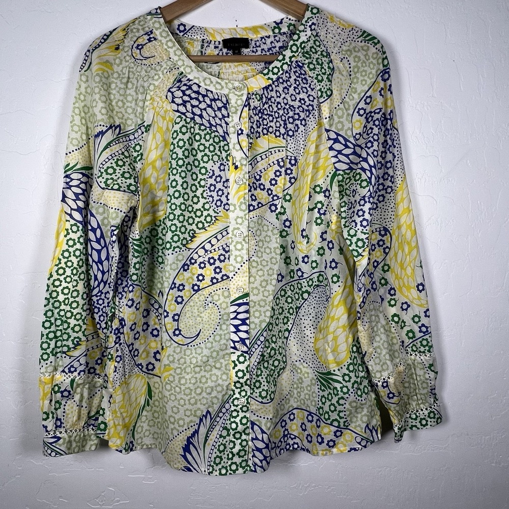 Talbots Smocked Neck Cotton Blouse Yellow Blue Green Paisley Floral SZ M